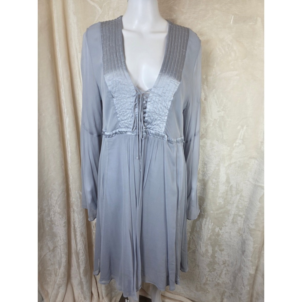 Ghost London Grey Viscose Lace Up V-Neck Bell Sleeve‎ Button Back Midi Dress M